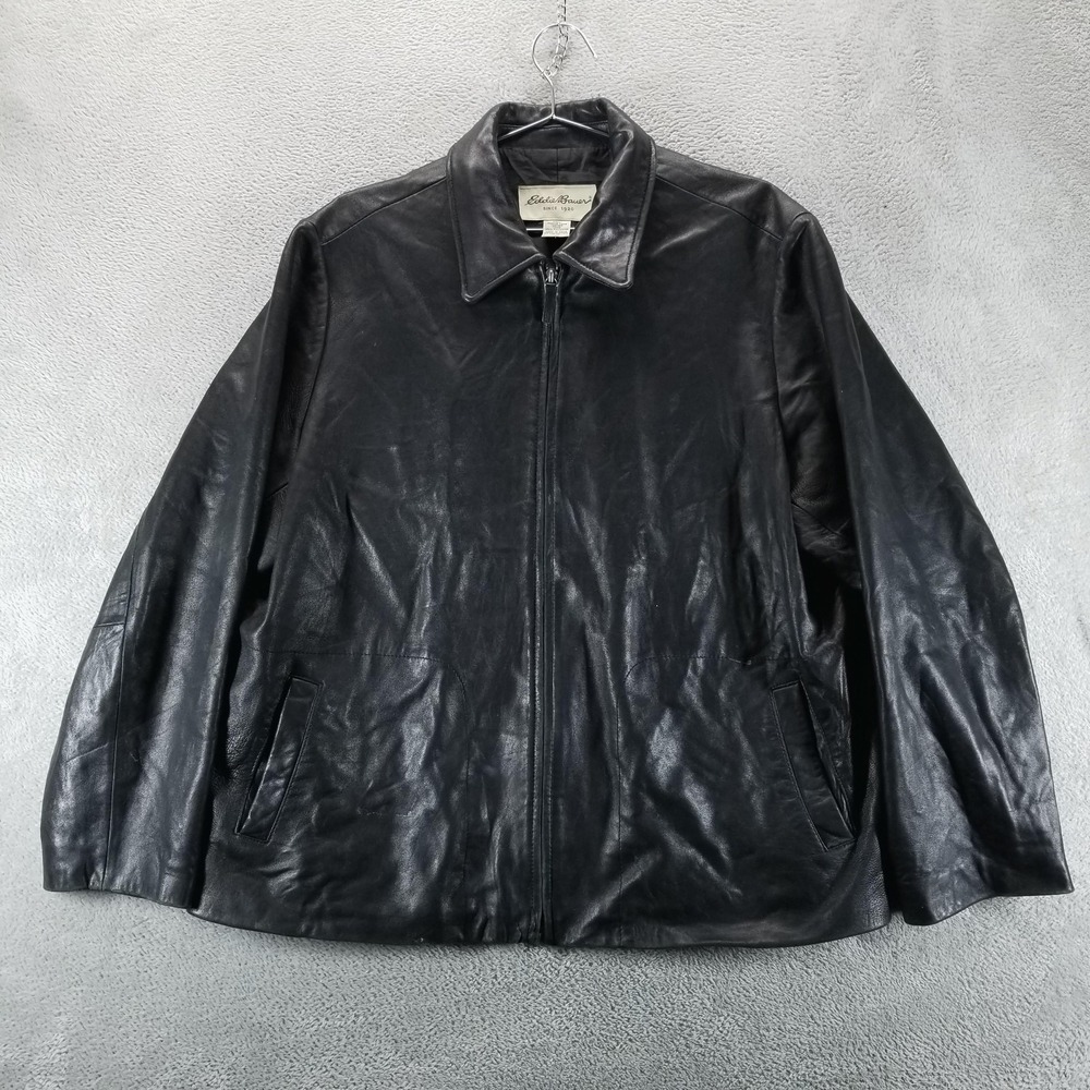 Eddie Bauer Jacket Mens 2XL Black Leather Genuine Lamb Zip Front Pockets